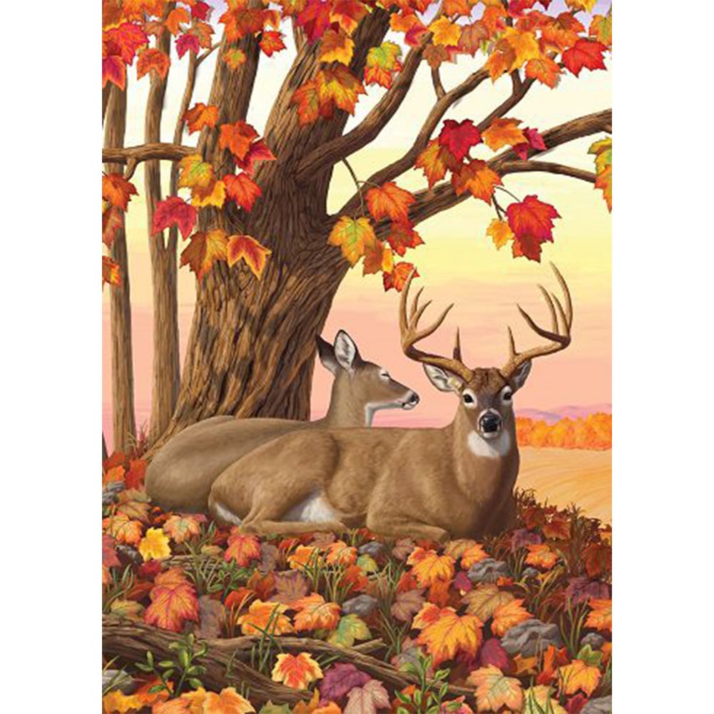 Autumn Maple Leaf Deer - Full Round - Diamond Painting(30*40cm)