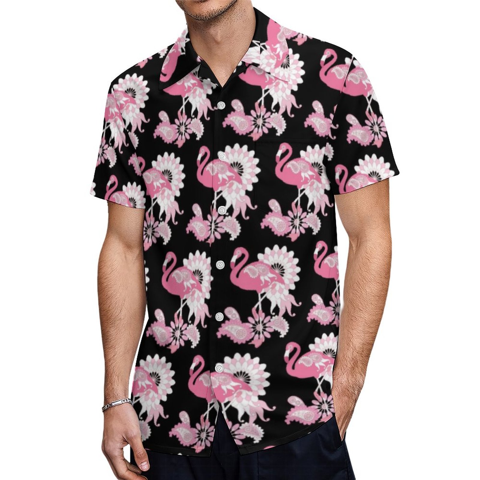 Modern Black Paisley Pink Flamingo Hawaiian Shirt Mens Button Down Plus Size Tropical Hawaii Beach Shirts