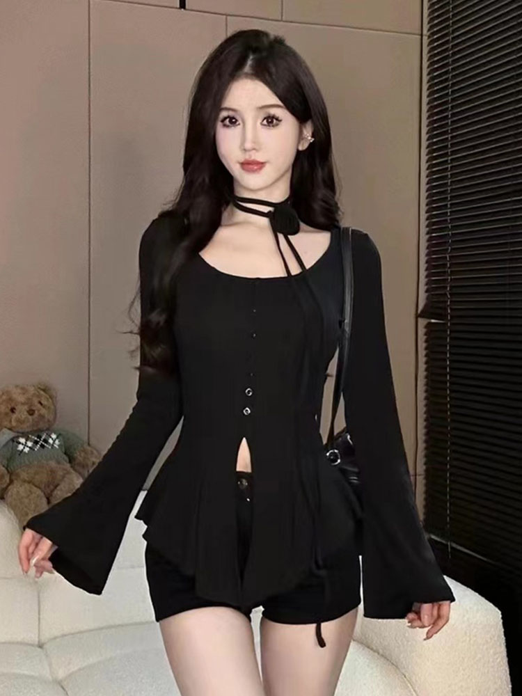 Cookycrumble fall aesthetic American Style Gyaru Irregular Top Women Fashion Solid Design Slim Sweater Autumn Winter Trend O-Neck Single Breasted Cardigan
