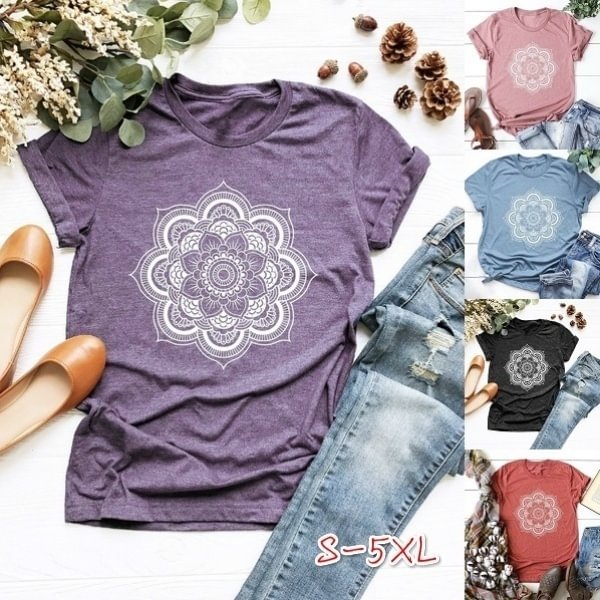 Women's Fashion Cute Mandala Print T-Shirts Summer Short Sleeve Graphic Shirt Casual Boho Round Neck Cotton Tee Shirt Available Sizes:S-5XL - Shop Trendy Women's Clothing | LoverChic