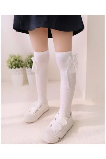 Sweet Girls Bow Knee High Stockings Halloween Accessory White-elleschic