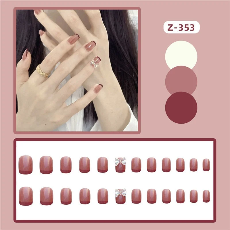 24PCS Fashionable Pink Metal Fake Nail press on Wearable Square Shape Glue model Decorated Finished Fake Nail with glue Product-Nail Inspo