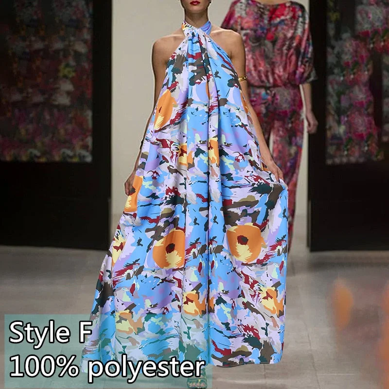 Summer Halter Print Dress Women Celmia Casual Sleeveless Ruffles Floral Maxi Sundress Sexy Backless Beach Party Bohemian Vestido