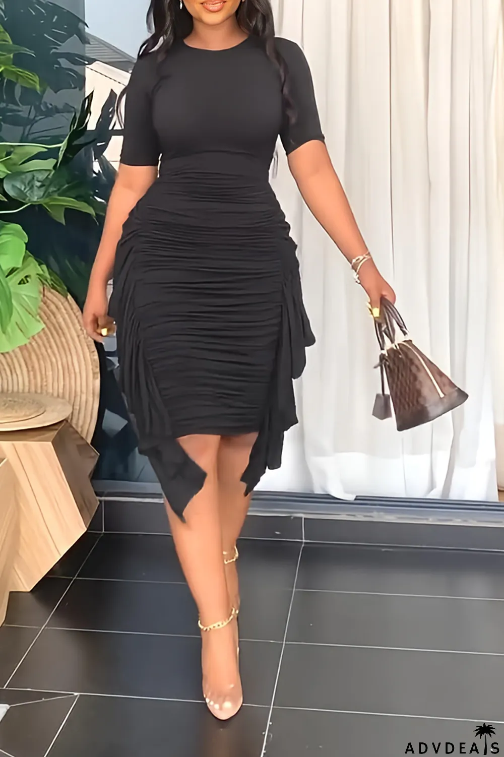 Brown Fashion Solid Flounce Fold O Neck Pencil Skirt Dresses