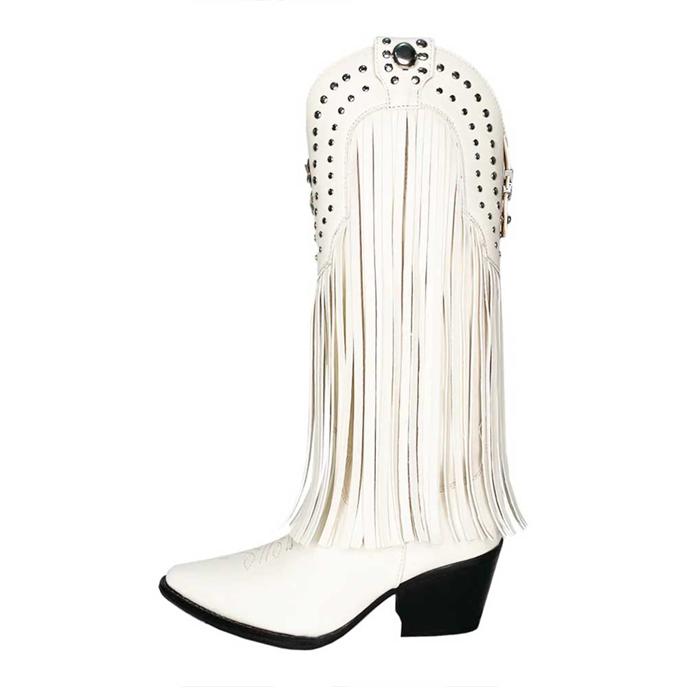 White Vegan Leather Pointed Toe Fringe Knee-High Heel Cowgirl Boots 