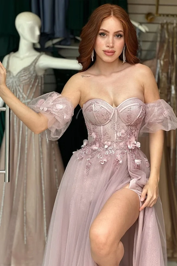 Lisliy Pink Strapless Sleeveless Embroidery A-Line Prom Dress
