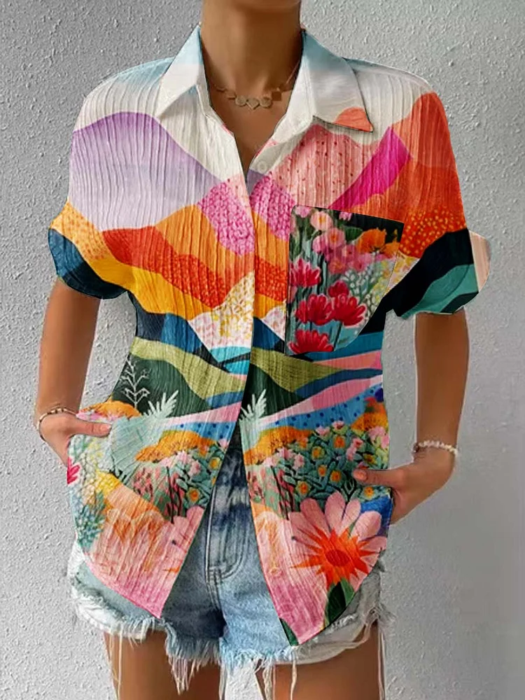 Womens Elegant Floral Pattern Short Sleeve Textured Shirt