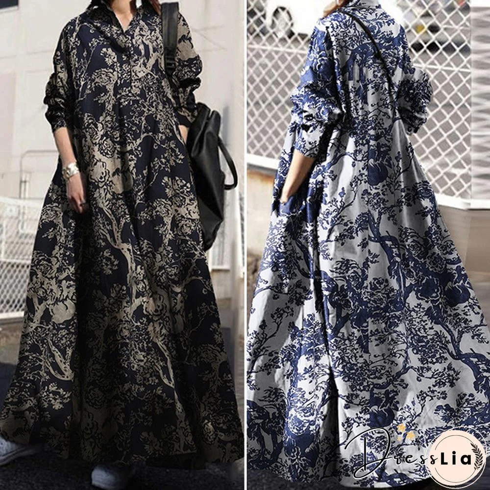 Zanzea Women Long Sleeve Shirt Dress Vintage Floral Printed Maxi Dresses