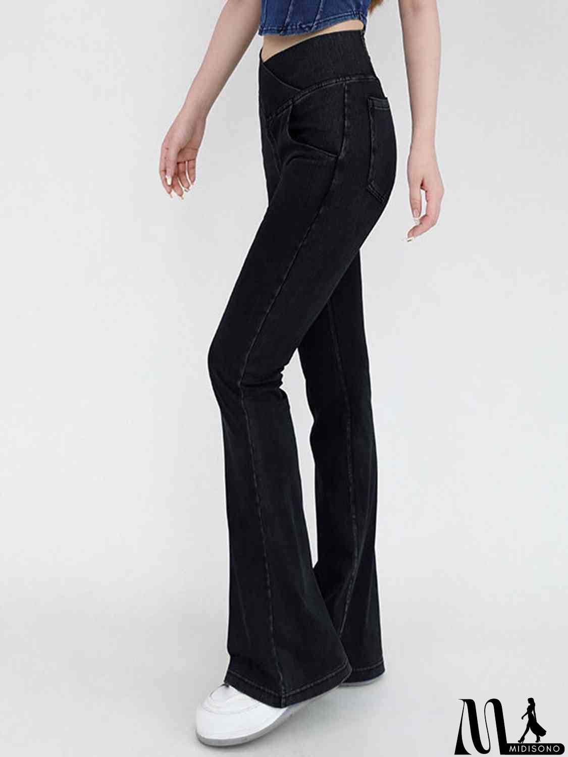 MidiSono - Wide Waistband Bootcut Jeans with Pockets