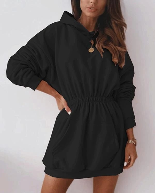 casual hooded long sleeve fleece sweatshirt dress with pockets p546415