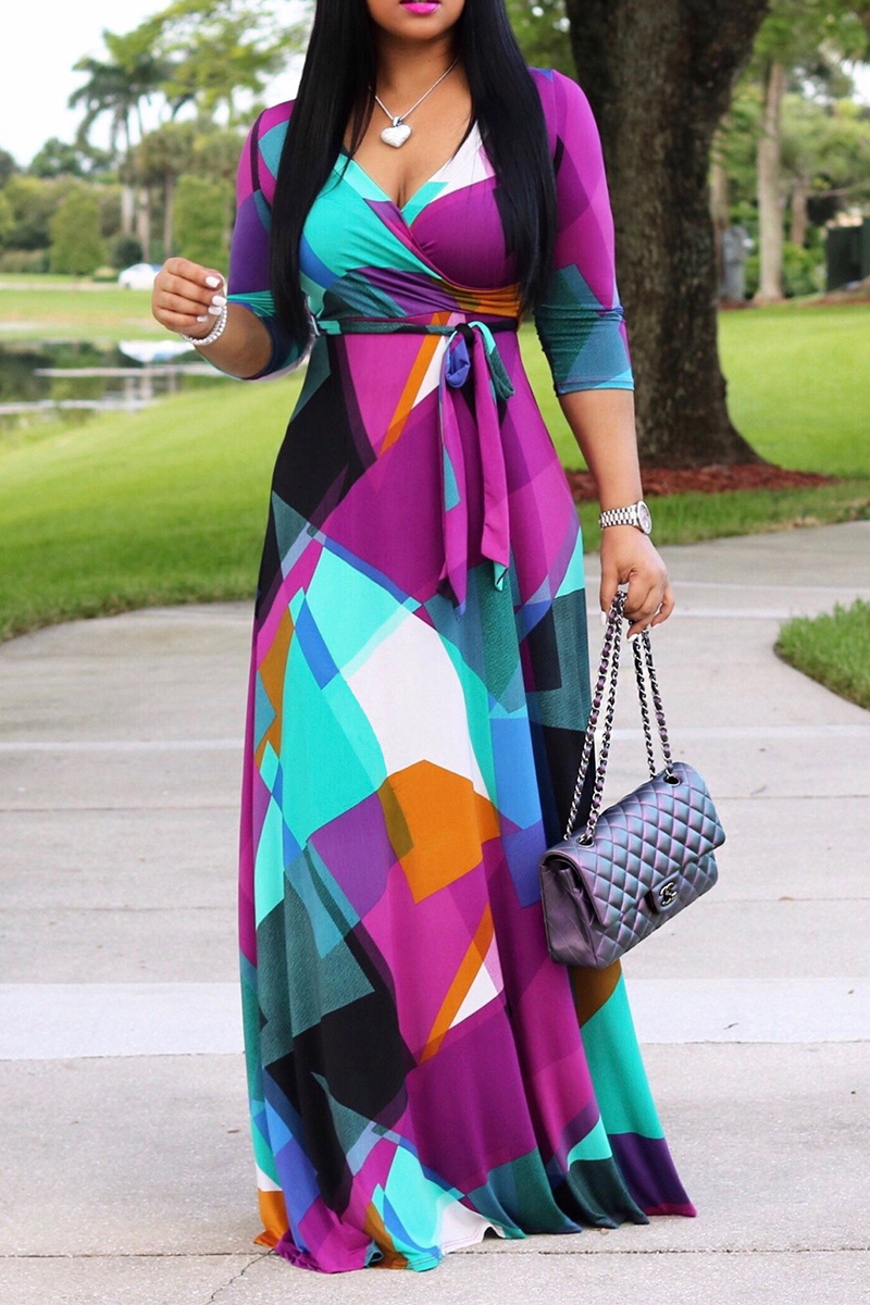 Sexy Print Split Joint V Neck Waist Skirt Dresses