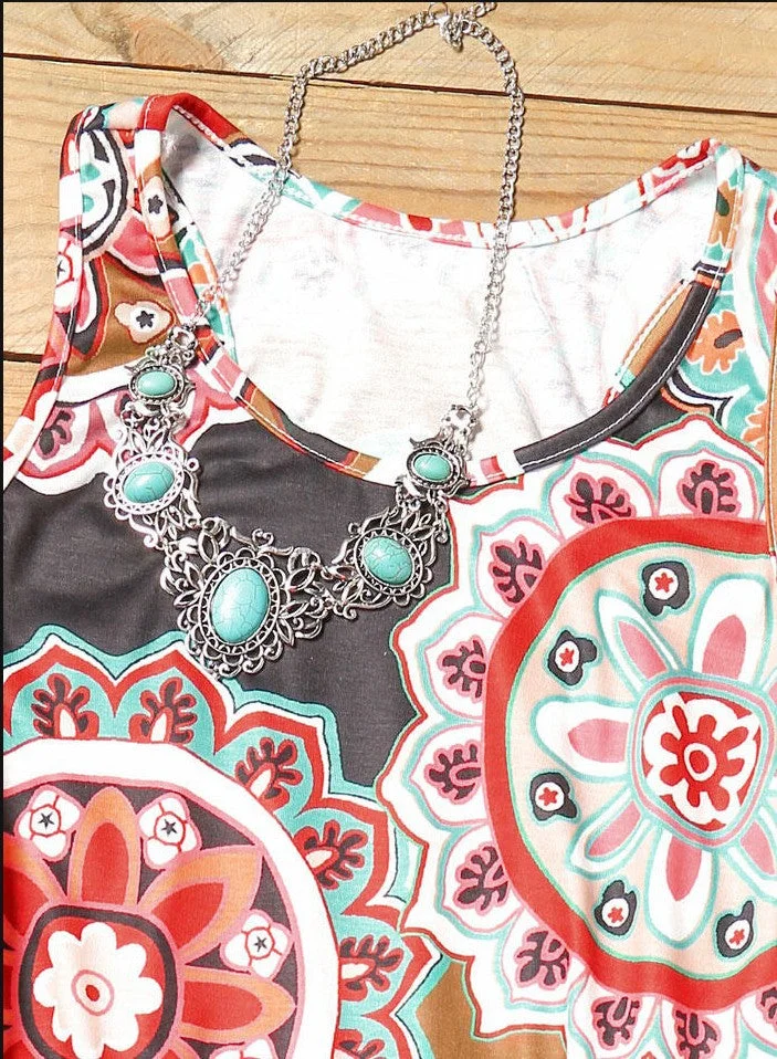 Floral Mandala Printed Sleeveless Mini Dress