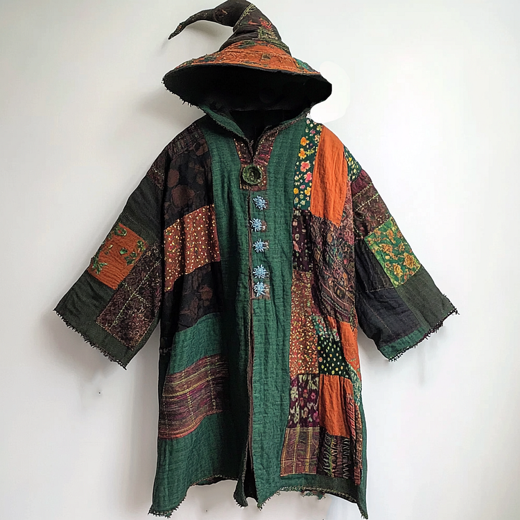 Ethnic print hooded disk-button robe 8223