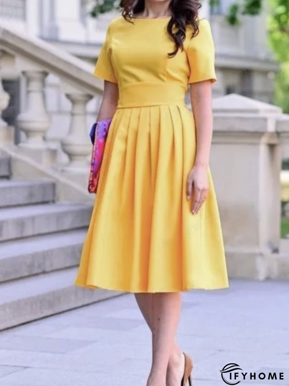 Work A-line Short Sleeve Crew Neck Date Dress | IFYHOME