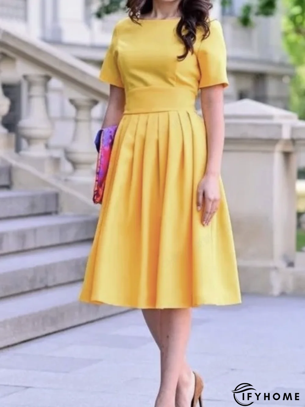 Work A-line Short Sleeve Crew Neck Date Dress | IFYHOME