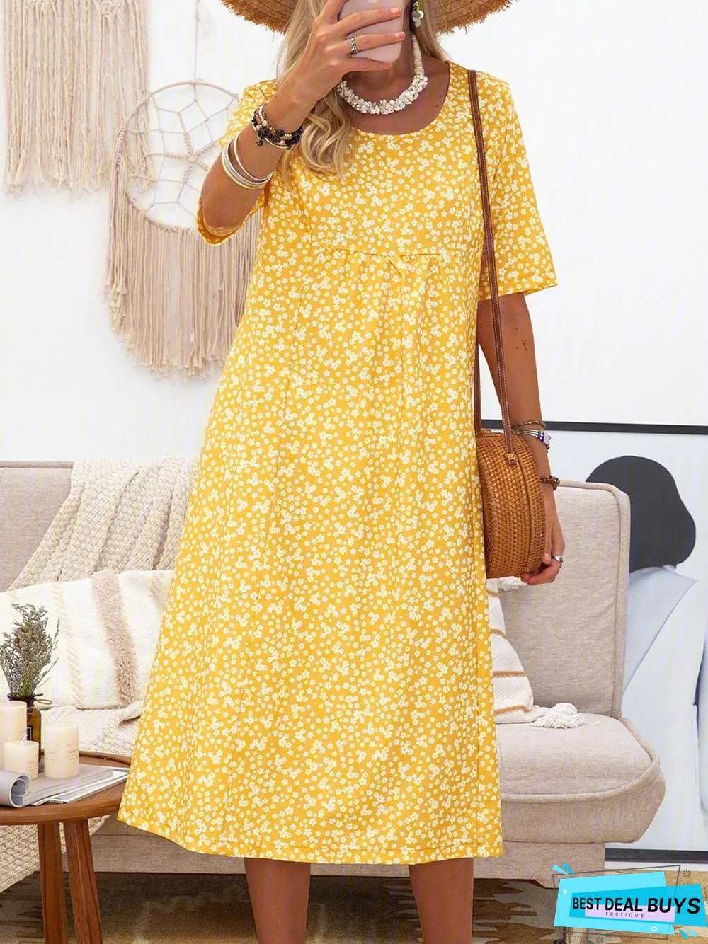 Women Casual Flora-Print Short Sleeve Casual Dress