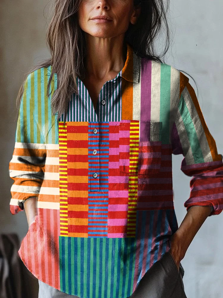 Womens Geometric Abstract Art Print Casual Cotton and Linen Shirt