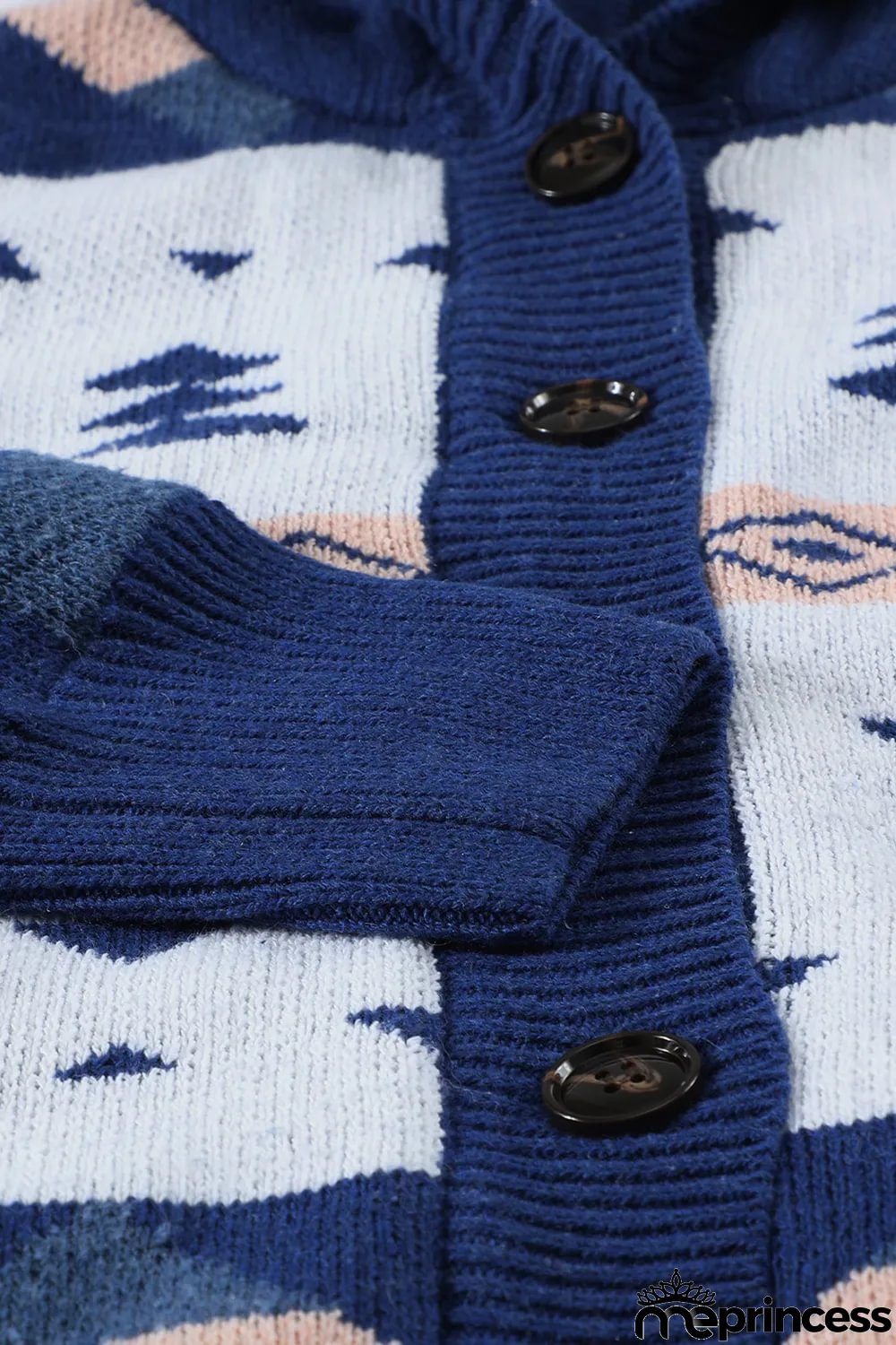 Blue Retro Jacquard Pattern Buttoned Front Hooded Sweater