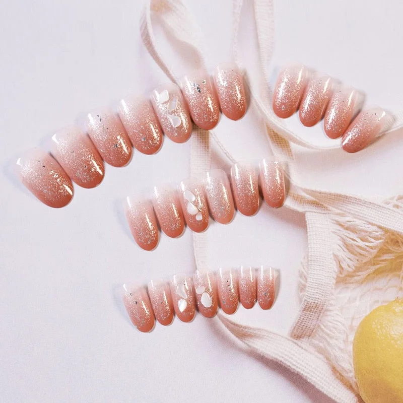 24pcs Gentle Nude Color Gradient Natural Paillette Decor Fake Nails Temperament Elegant Wearable Detachable Fingernail T-Nail Inspo
