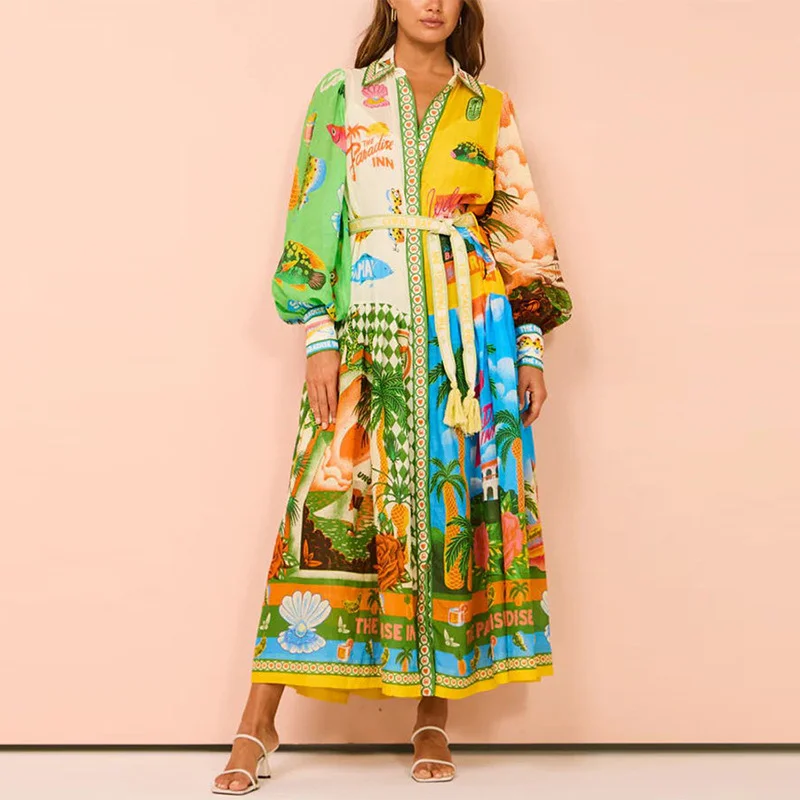 Brownm Brownm Women's Temperament Print Lantern Sleeve Belt Shirt Big Hem Dress Woman