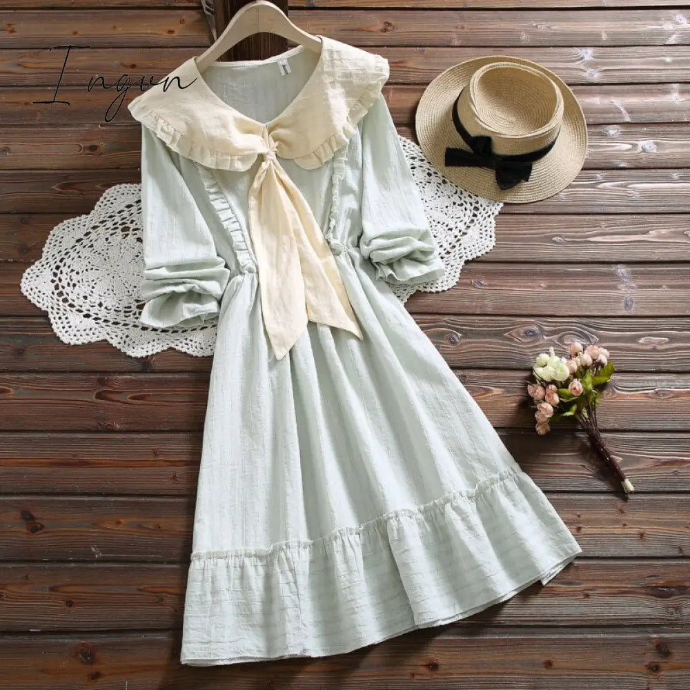 Ingvn - Spring Autumn Japan Style Cute Kawaii Solid Dress New Design Peter Pan Collar Women Raffles