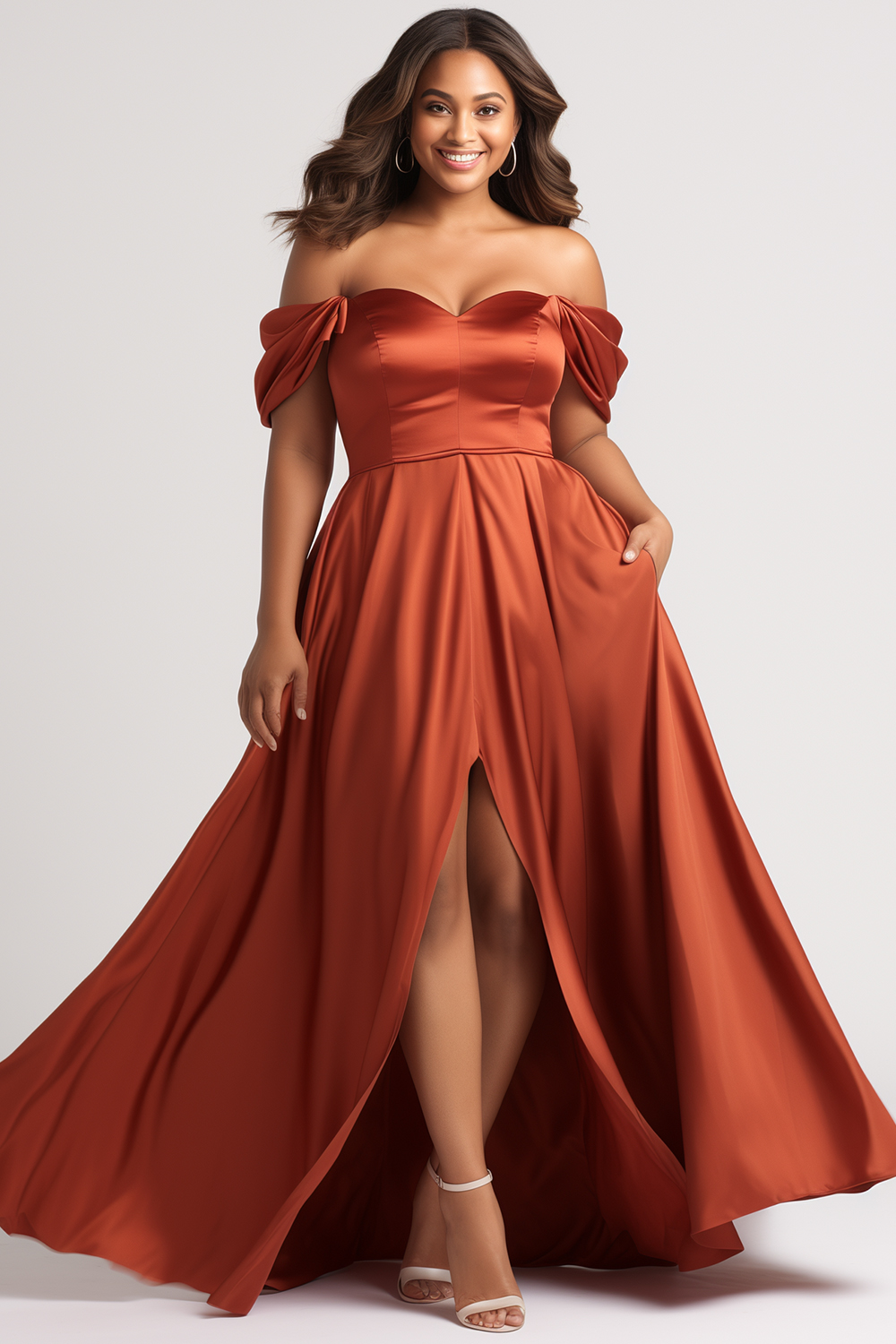 Flycurvy Plus Size Prom Burnt Orange Satin Off The Shoulder Slit Maxi Dress