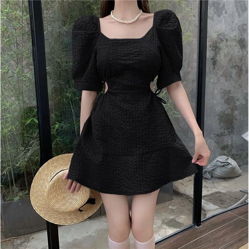 Woherb Square Collar Chic Dress Women Puff Sleeve French Style Hollow Out High Waist Elegant One Piece Dresses Casual Vestido
