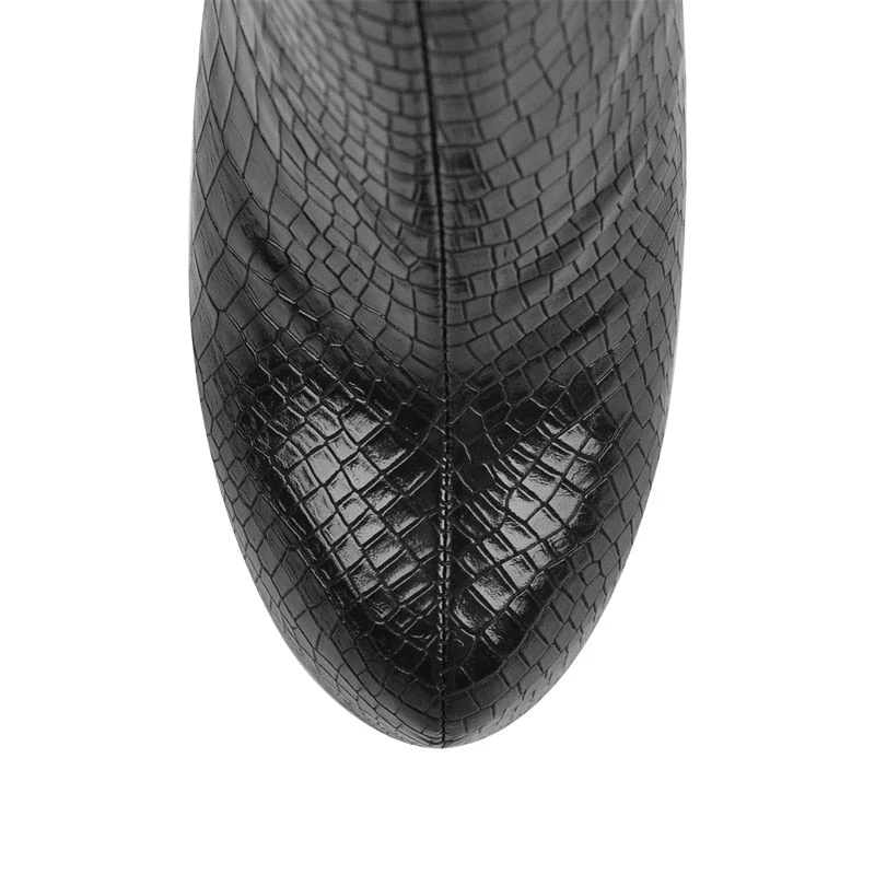 Onlymaker Winter Thigh High Heel Over The Knee Boots Lady Black PU Patent Leather Crocodile Print Metal Chain Decoration Zipper