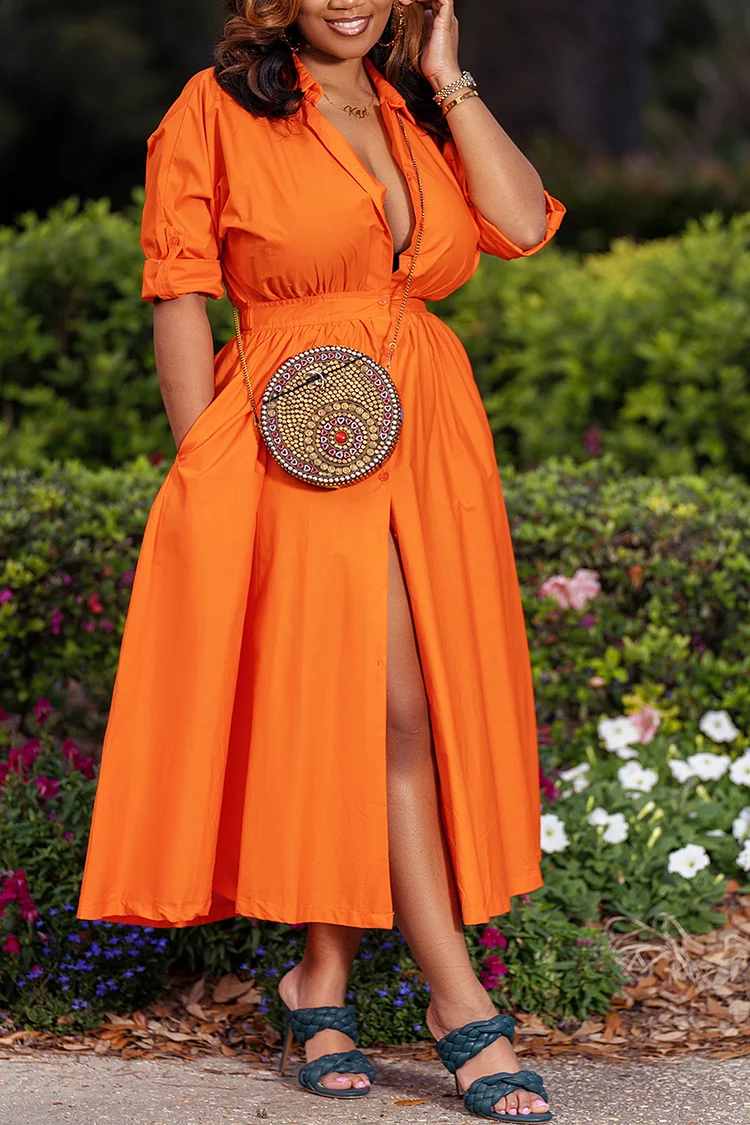 Plus Size Orange Daily Shirt Dress V-neck Split Midi Dresses