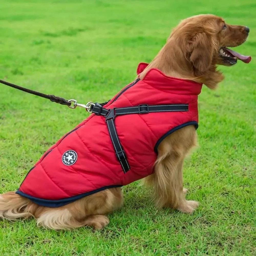 Waterproof Dog Fleece Coat, Integrated Adjustable Dog Harness, Fluffy Fleece Lining , Dog Coat, Winter Clothing for Dogs