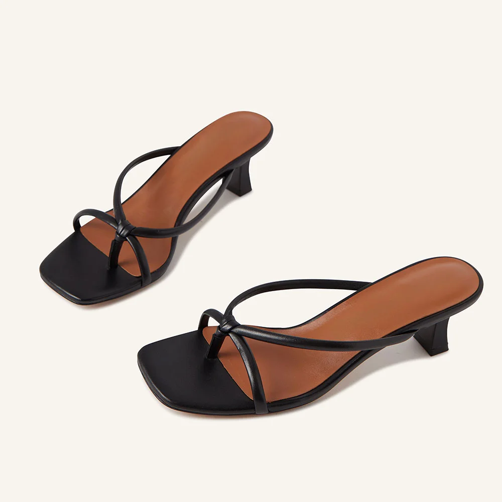 Black Vegan Leather Open Square Toe Strappy Kitten Heeled Sandals