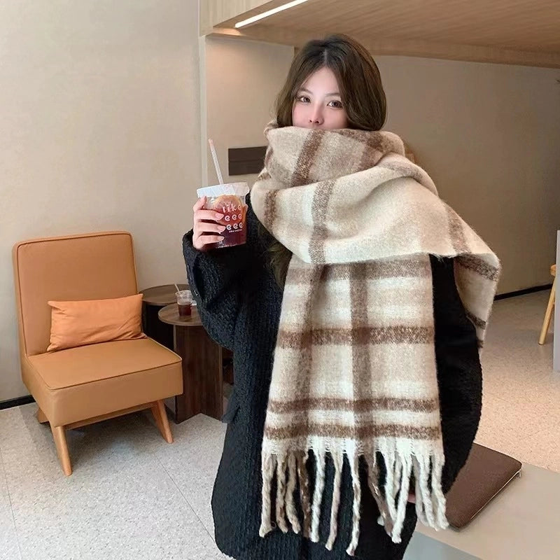 Autumn And Winter Thickened Scarf Women’s Korean-style Rainbow Plaid Tassel Mohair Shawl Student Versatile Warm Scarf Fashion