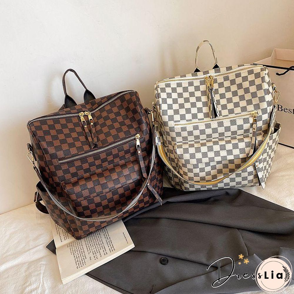 Retro Faux Leather Check Pattern Print Rucksack Vegan Backpack Tote