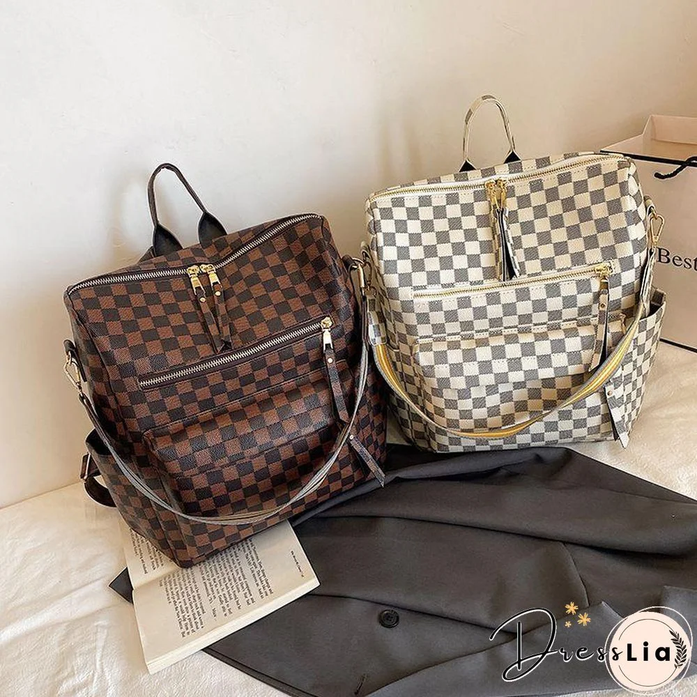 Retro Faux Leather Check Pattern Print Rucksack Vegan Backpack Tote