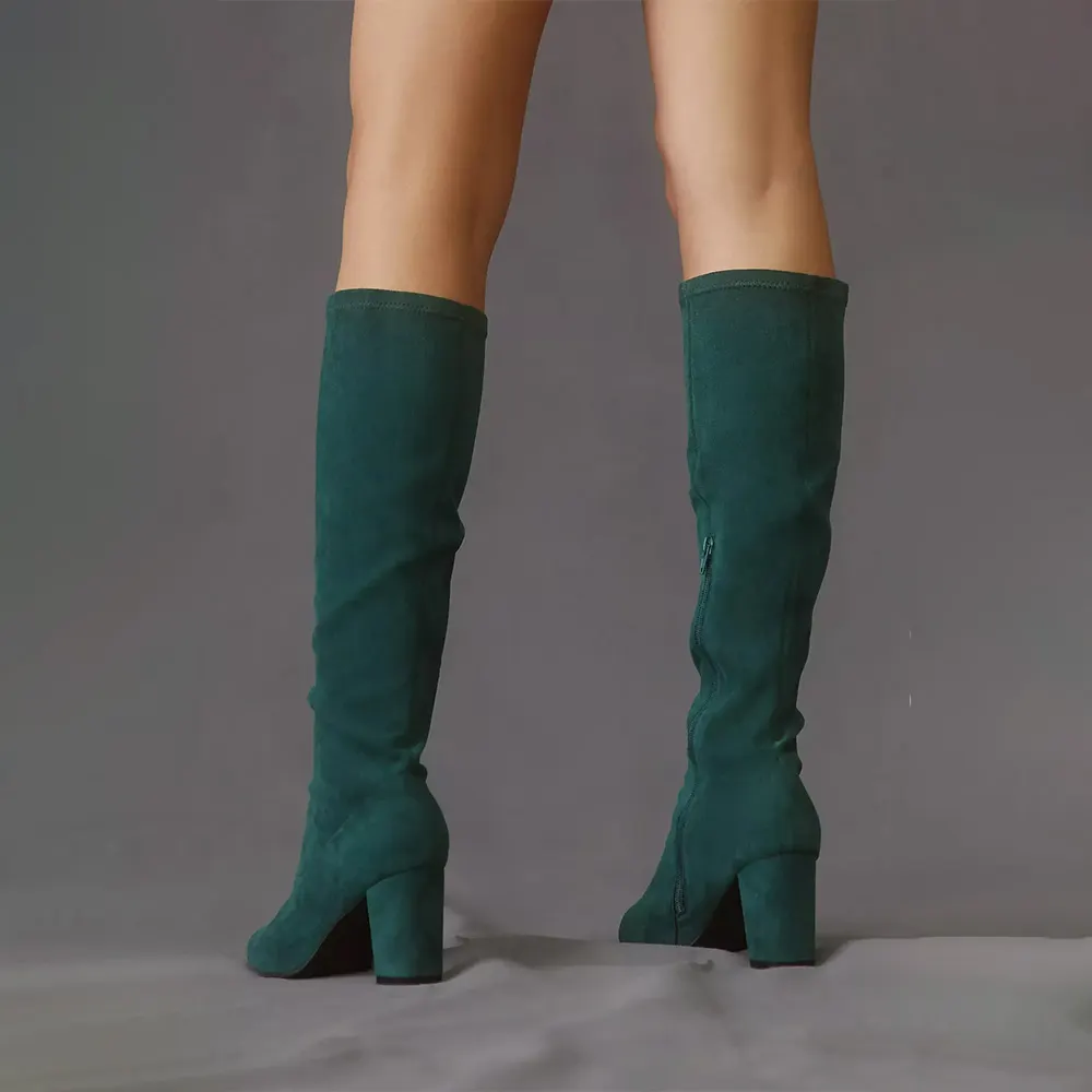 Elegant Green Pointed Toe Side Zipper Stretchy Knee High Heeled Boots