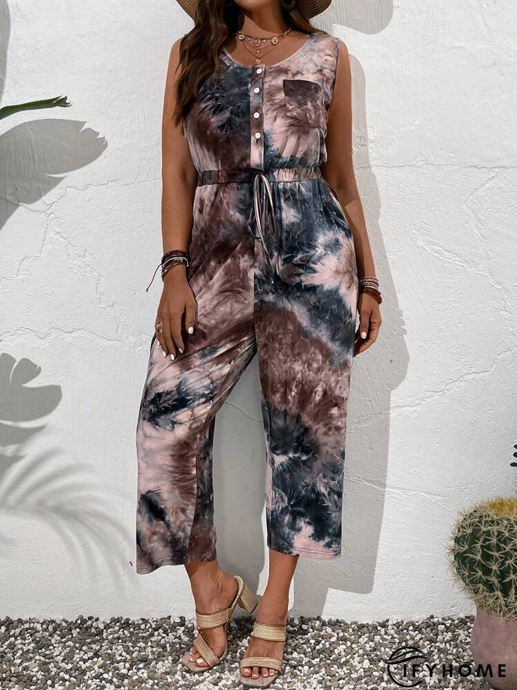Plus Size Round Neck Single-Breasted Sleeveless Jumpsuit, Perfect For Vacation And Casual Wear | IFYHOME