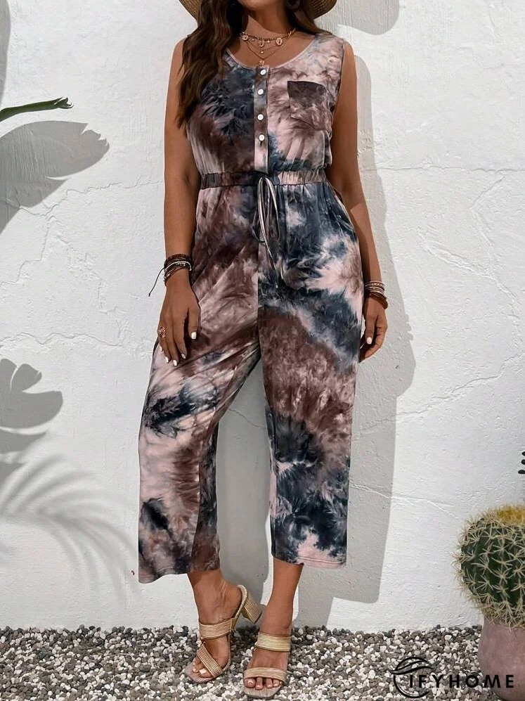 Plus Size Round Neck Single-Breasted Sleeveless Jumpsuit, Perfect For Vacation And Casual Wear | IFYHOME