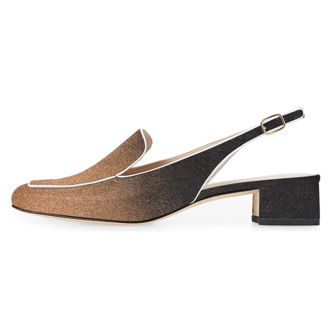 Gold & Black Gradient Square Toe Glitter Slingback Heeled Loafers