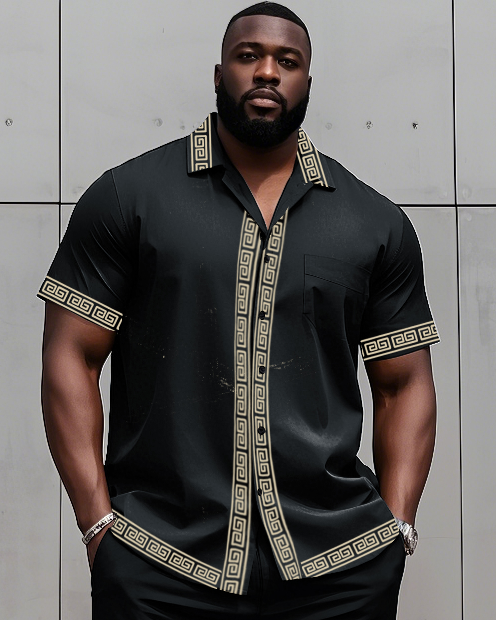 Big Man's Retro Daily Casual Edge Color Block Printing Short Sleeve Shirt Shorts Suit