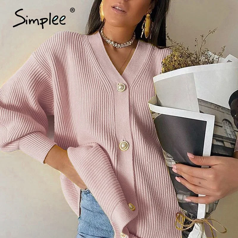 Simplee Casual v-neck short knitted sweaters women Autumn winter lantern sleeve button female cardigan Streetwear ladies sweater