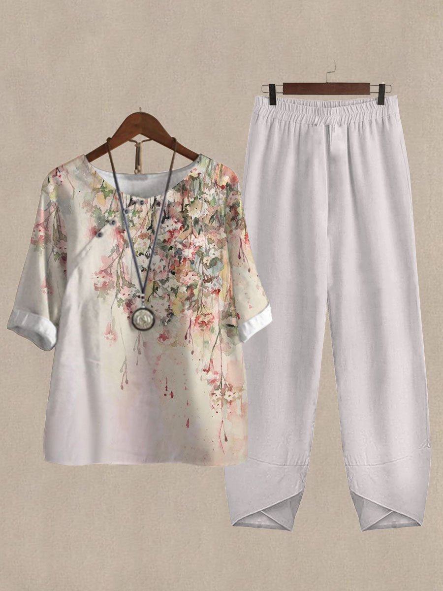 Watercolor Botanical Floral Print Casual Two Piece Set