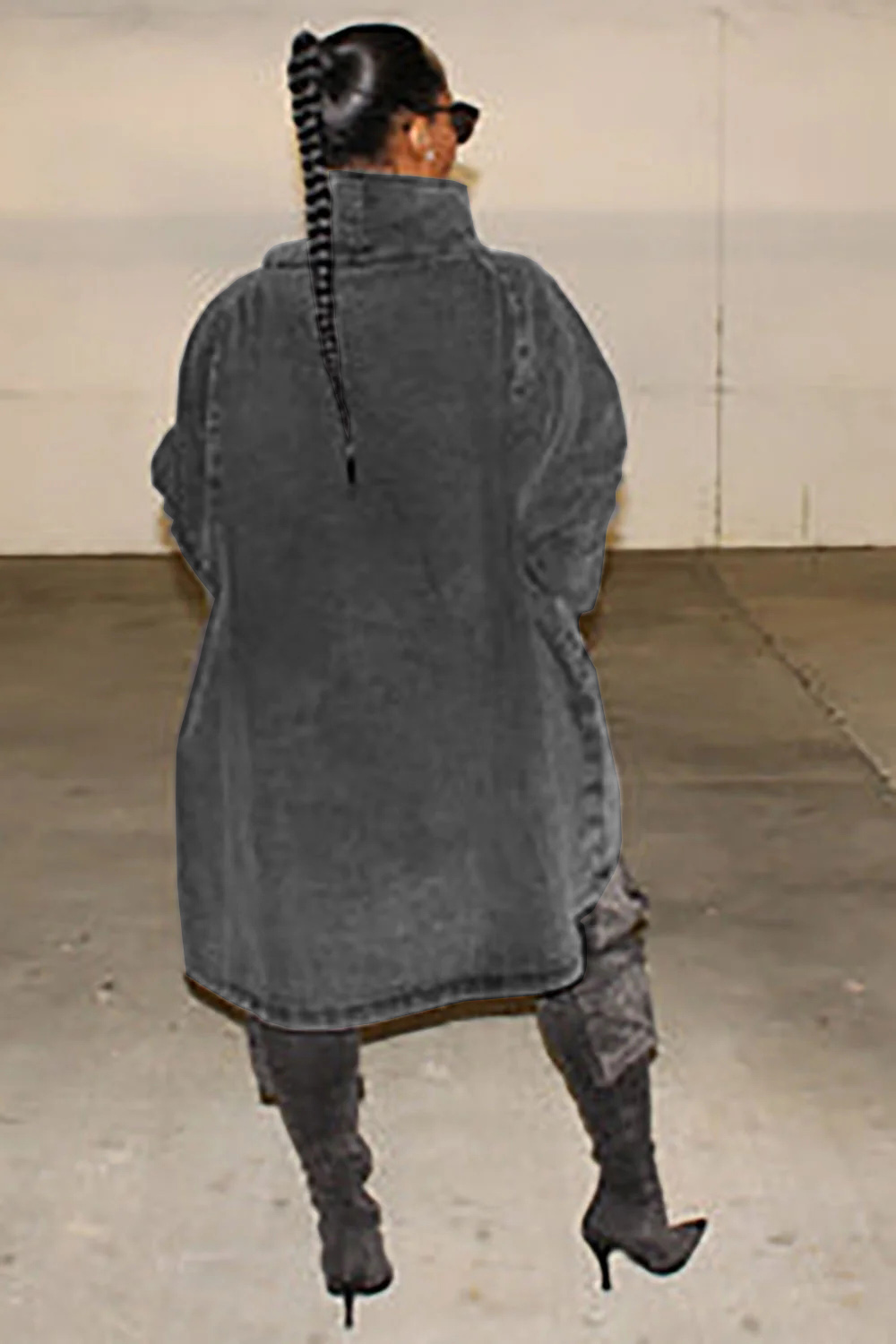 Plus Size Daily Outerwear Casual Grey Fall Winter High Collar Long Sleeve Outerwear Midi Dress With Pocket