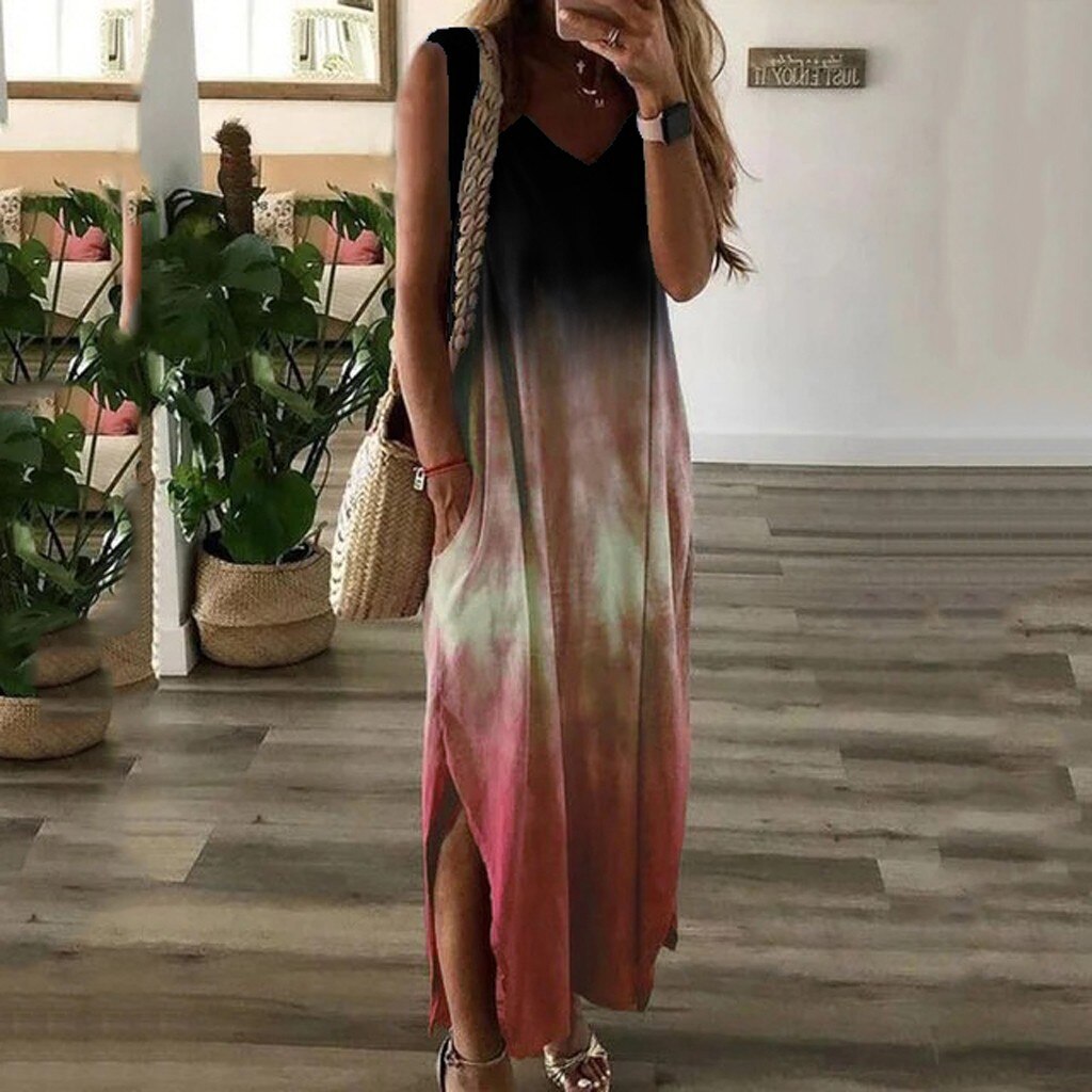 Women Fashion Casual Tie-dye Print Sleeveless Dress V-neck Pocket Long Dress