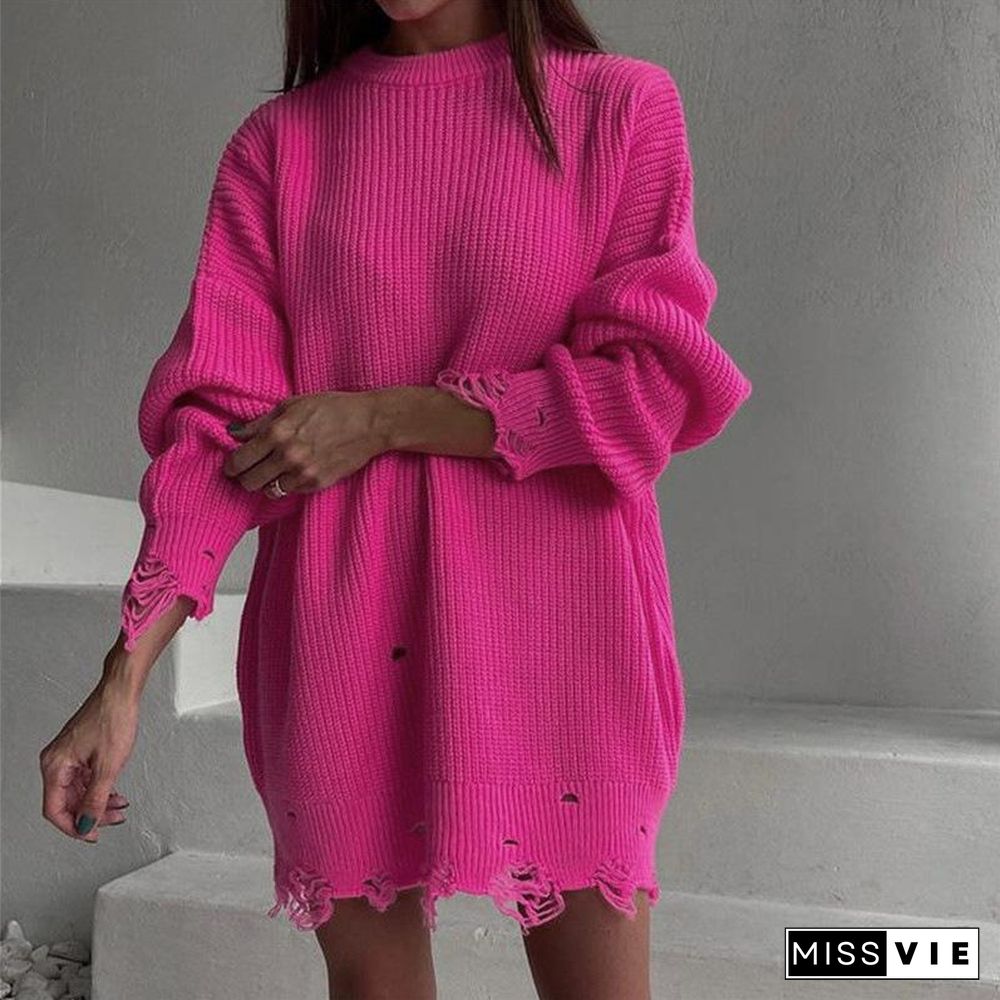Loose Solid Color Hole Sweater Round Neck Pullover Long Sleeve Sweater