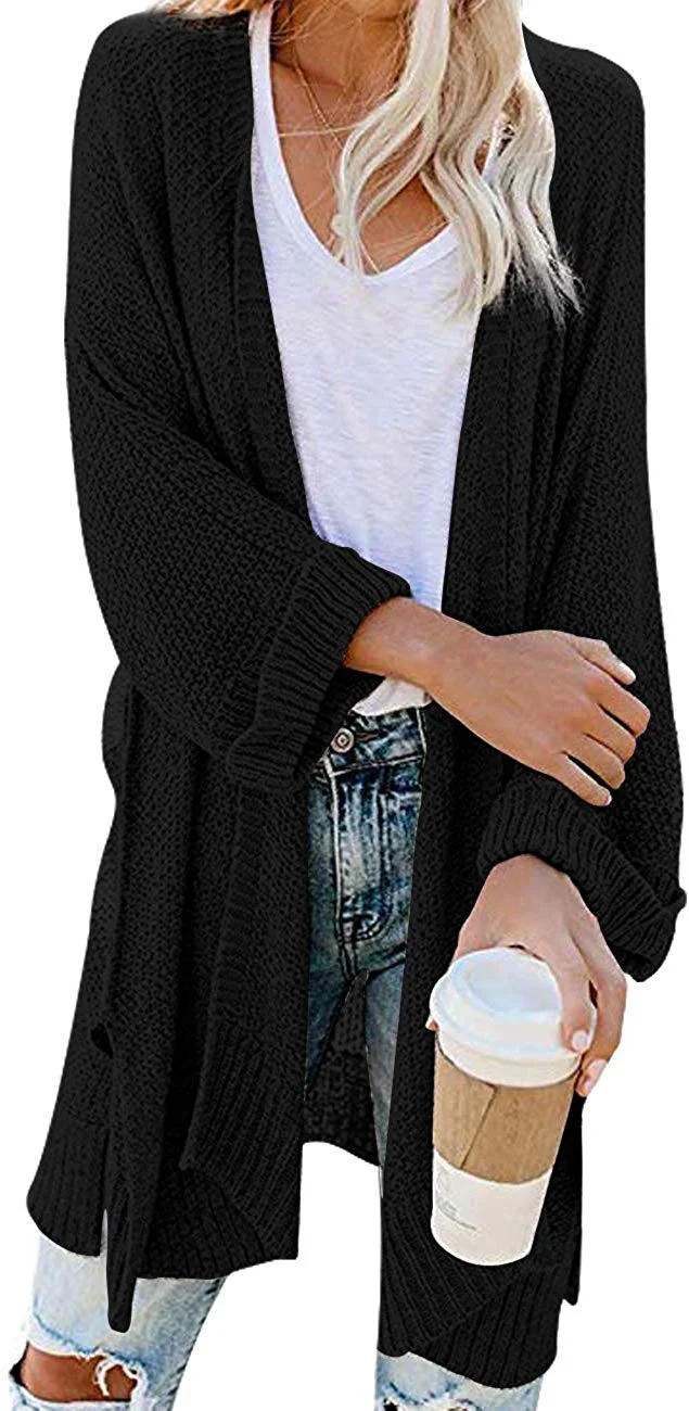 Women's Loose Open Front 3/4 Sleeve Knit Kimono Cardigans Sweater with Pockets