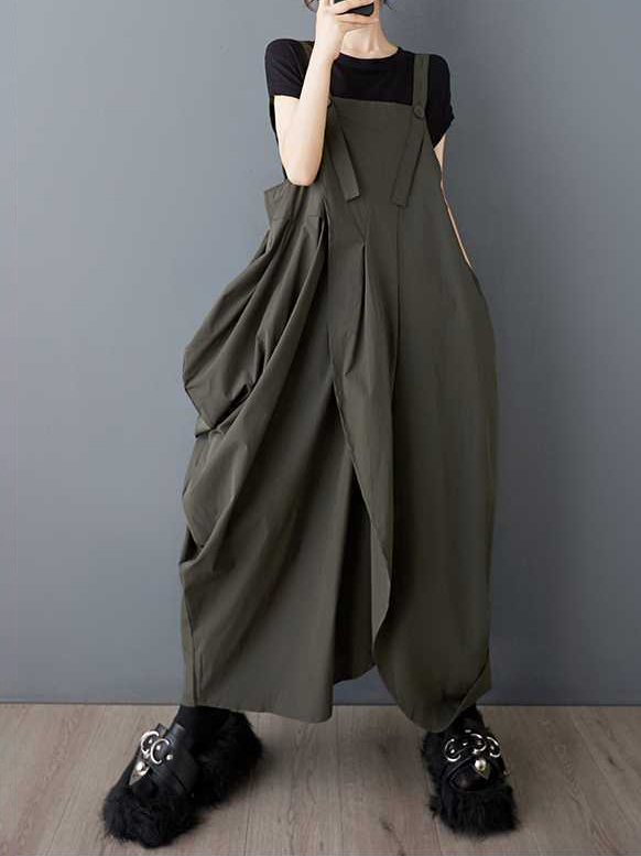 Irregular Design Strap Fold Hem Sleeveless Loose Jumpsuit