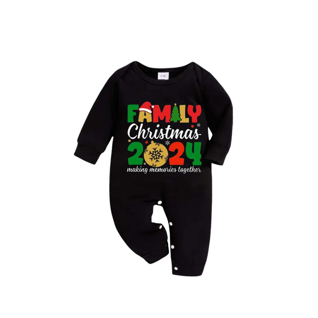 "Family Christmas 2024" Coloful Text Pattern Black Long Sleeve Top