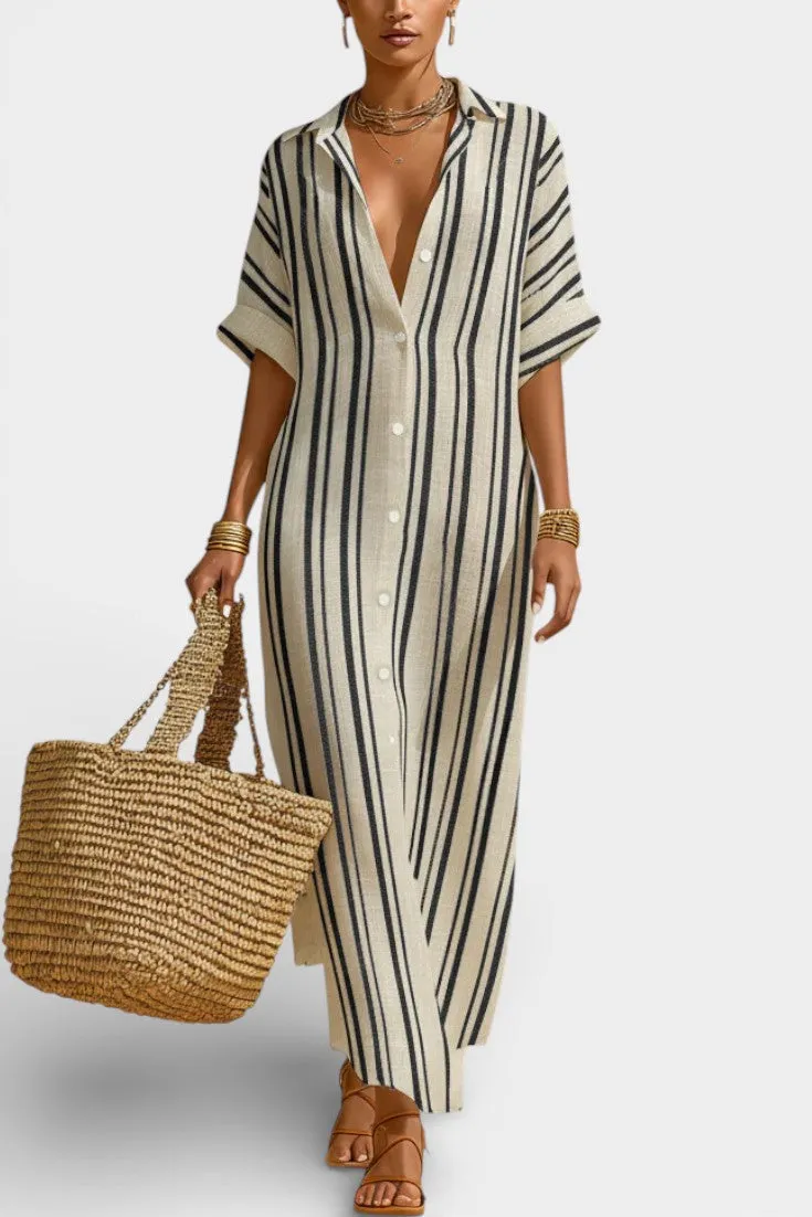 Striped Button-Front Maxi Shirt Dress