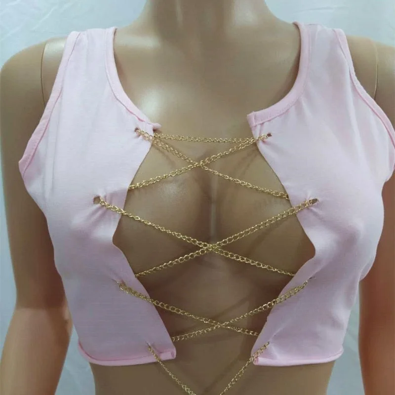 Red Black White Metal Chain Sleeveless Crop Top Sexy Clubwear Women Adjustable Lace Up Hollow Out Tank Tops Tees Camisole 531