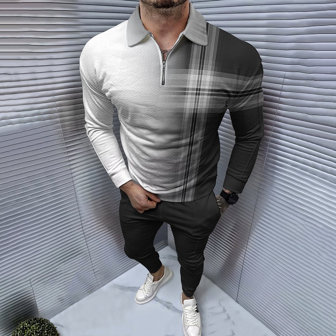 Fashion Gradient Plaid Polo Shirt And Pants Co-Ord